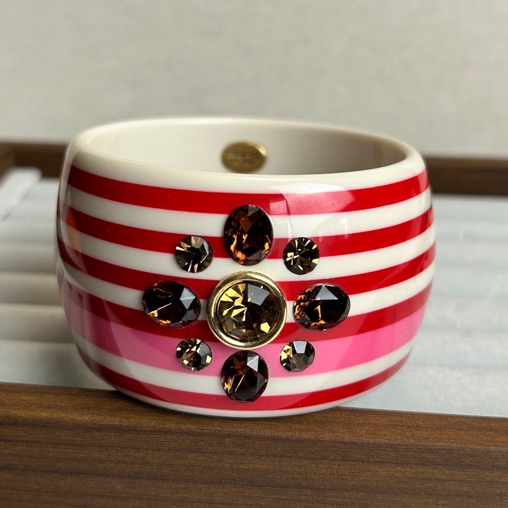 Juicy Couture Red Pink Striped Resin Bangle Bracelet Brown Crystal Flower Wide